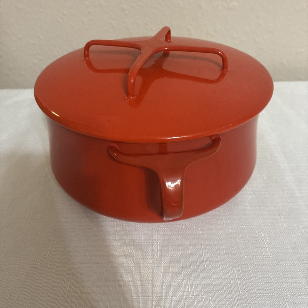 Vintage MCM Dansk 2 QT Red Enamel Kobenstyle Dutch Oven Pot With Trivet Lid - Picture 6 of 14